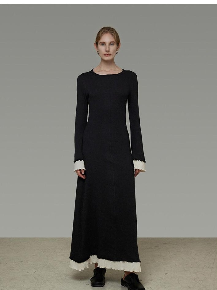 unspoken Slim Waist Colorblock Aline Knit Bell Sleeve Office Women Breathable Maxi Dresses