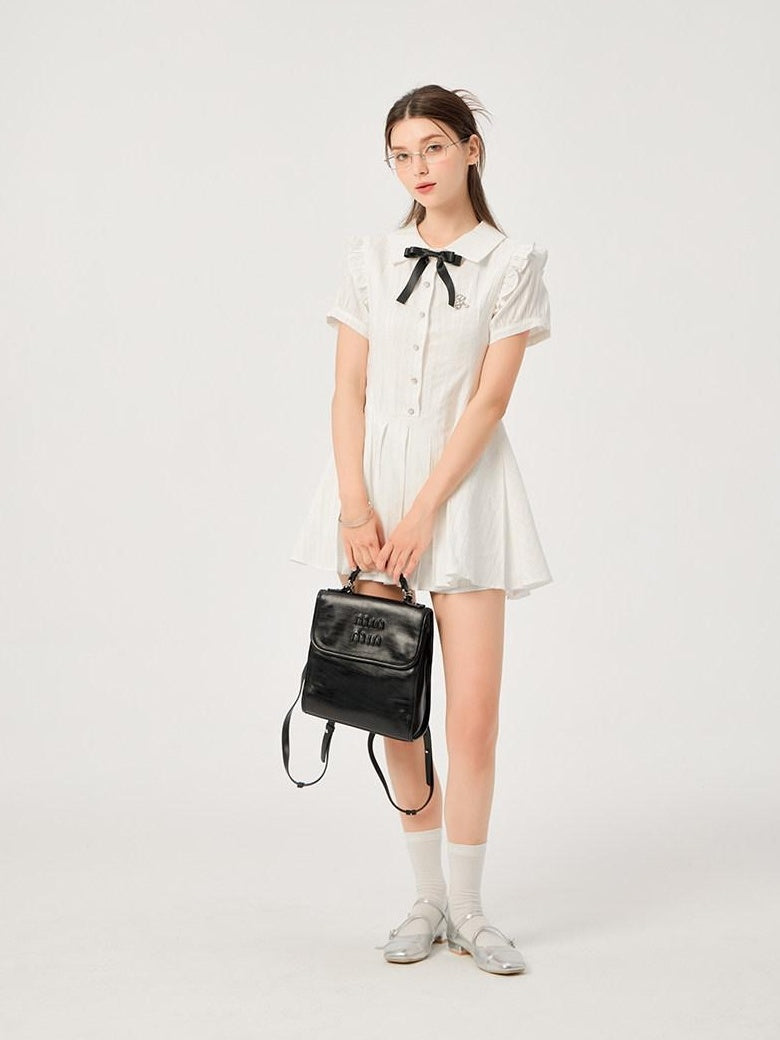 ikyou Pure Cotton Cinched Waist Minimal A Line Short Sleeve White Women Midi Dresses