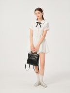 ikyou Pure Cotton Cinched Waist Minimal A Line Short Sleeve White Women Midi Dresses