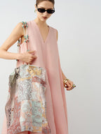 audreyyang Linen Blend V-neck Sleeveless A Line Casual Pink Maxi Dresses