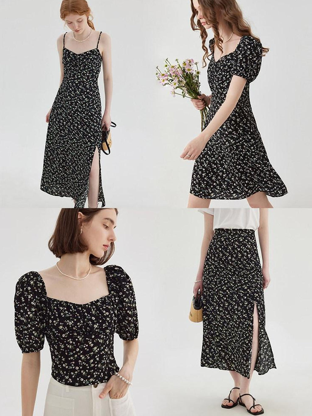 fano Viscose Square Neck Puff Sleeve A Line Casual Black Floral Maxi Dresses