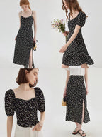 fano Viscose Square Neck Puff Sleeve A Line Casual Black Floral Maxi Dresses