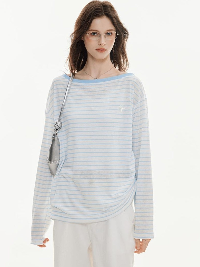 ikyou Cooling Lyocell Loose Embroidered Women Blue Striped Long Sleeve T-Shirts