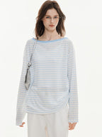 ikyou Cooling Lyocell Loose Embroidered Women Blue Striped Long Sleeve T-Shirts
