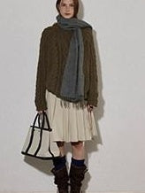 Lofi choose High Waist Vintage Pleated A Line Girly Office Apricot Polyester Midi Skirts