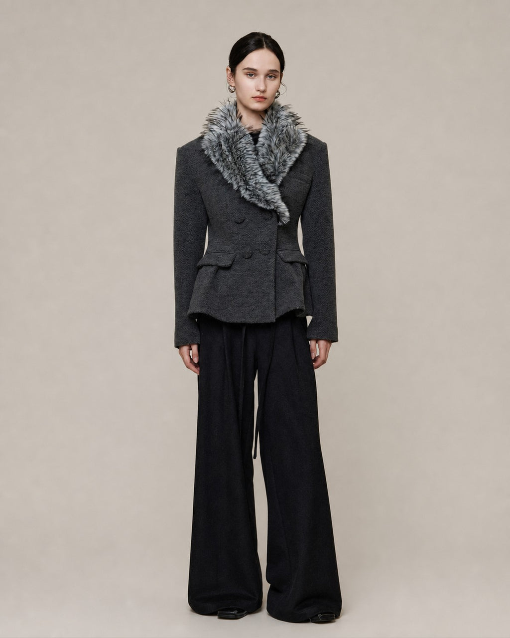 Gotodays Wool Blend Double Breasted Slim Lapel Tailored Minimal Workwear Gray Short Coat