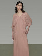 unspoken Breathable Linen Lyocell Blend Minimal A Line V-neck Pleated Women Maxi Dresses