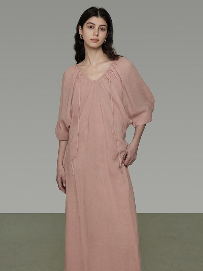 unspoken Breathable Linen Lyocell Blend Minimal A Line V-neck Pleated Women Maxi Dresses