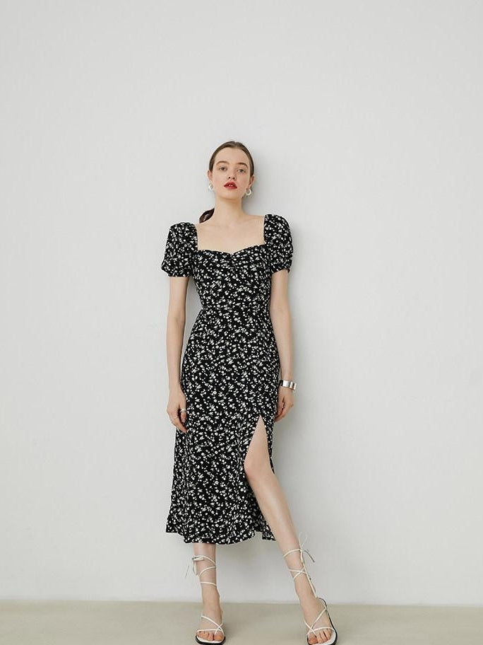 fano Viscose Square Neck Puff Sleeve A Line Casual Black Floral Maxi Dresses