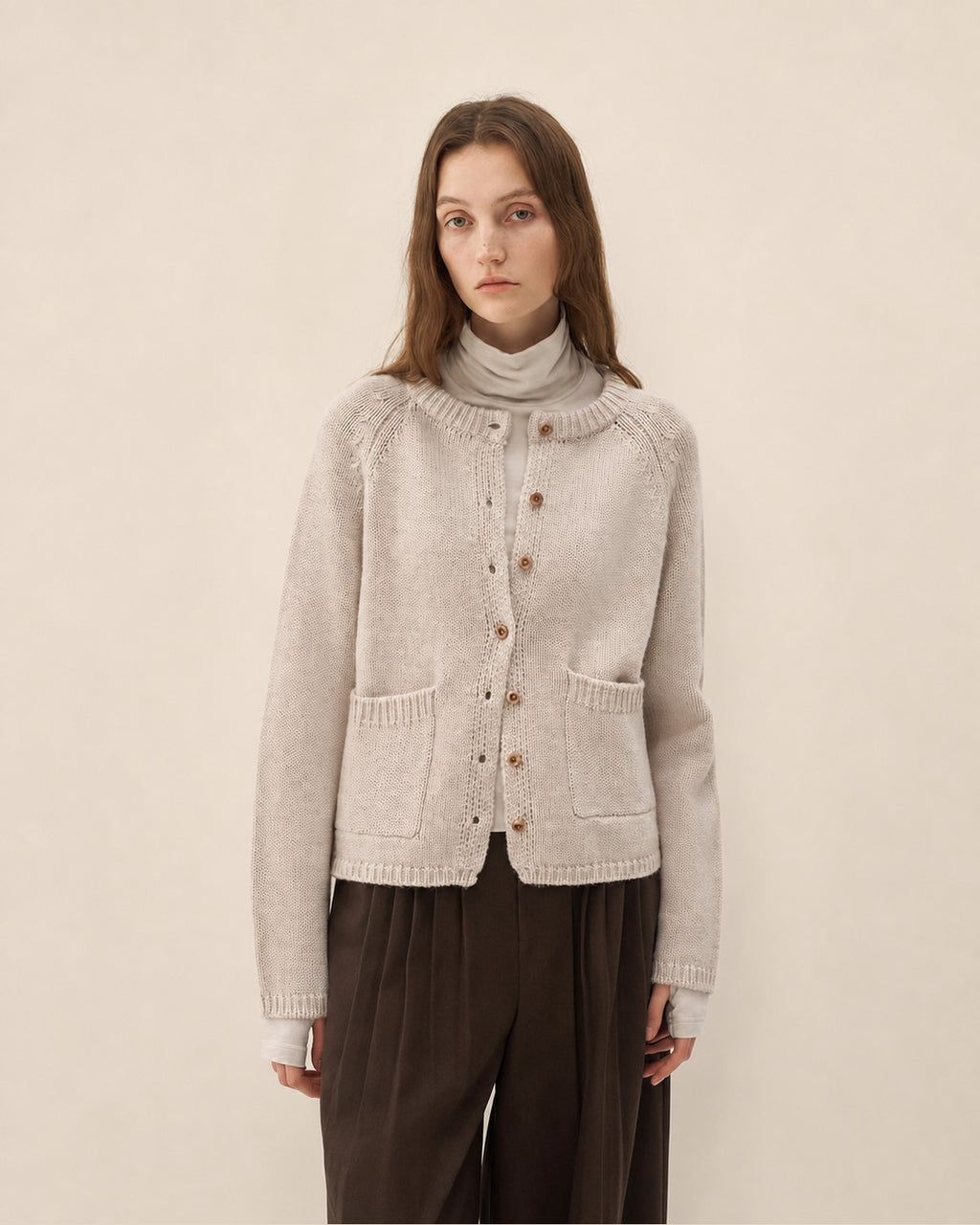 Gotodays Wool Blend Button Front Round Neck Long Sleeve Commuter Oatmeal Beige Cardigans