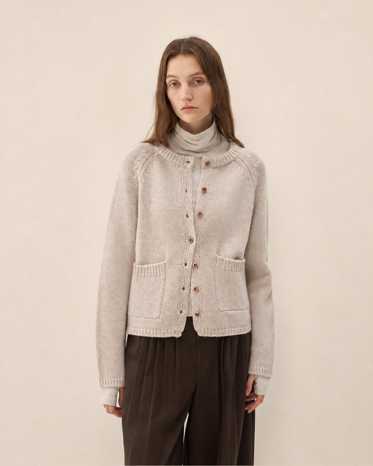 Gotodays Wool Blend Button Front Round Neck Long Sleeve Commuter Oatmeal Beige Cardigans