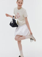 fano Butterfly Bow Print Cotton Blend Slim Korean Crew Neck Beige Basic Crop Tops