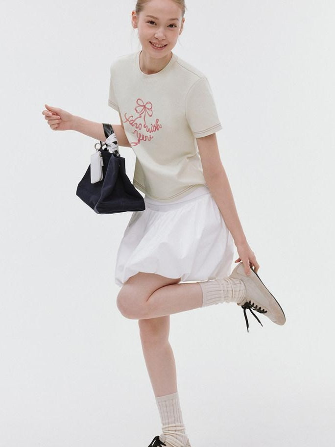 fano Butterfly Bow Print Cotton Blend Slim Korean Crew Neck Beige Basic Crop Tops