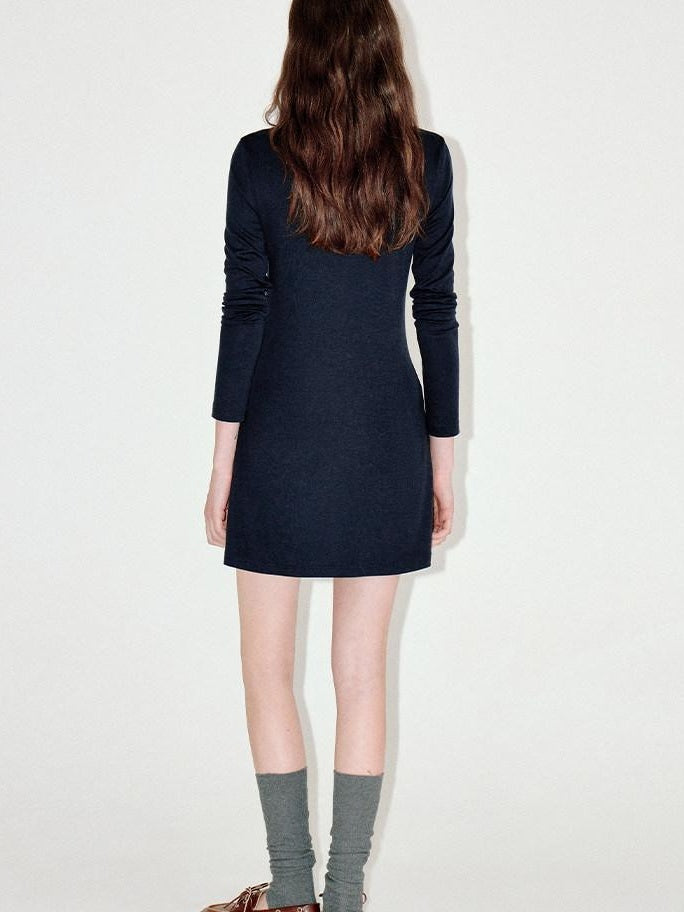 fano Soft Embroidered Tencel Vintage Aline Slim Long Sleeve Navy Midi Dresses