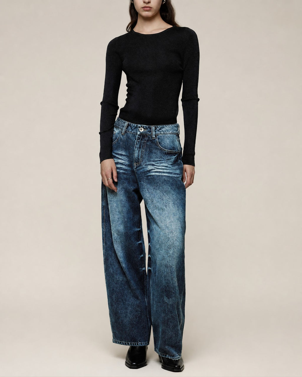 Gotodays Washed High Waist Durable Workwear Vintage Blue Button Fly Rigid Wide Leg Jeans