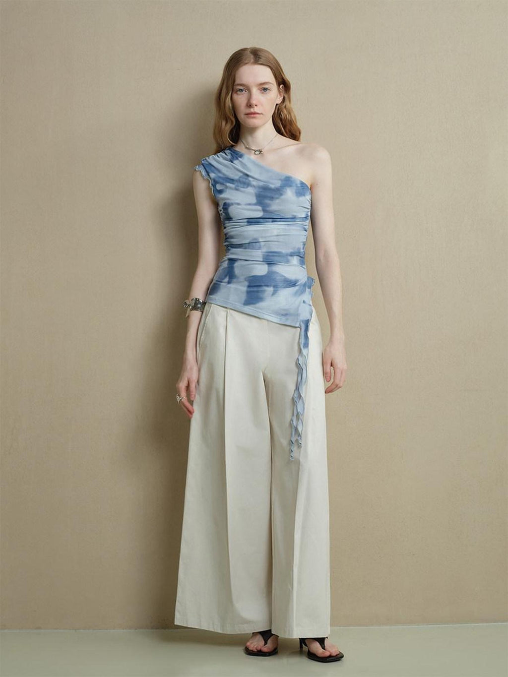 someonesometimes Lightweight Mesh Lettuce Trim Slim Fit Women Sky Blue Off Shoulder Crop Tops