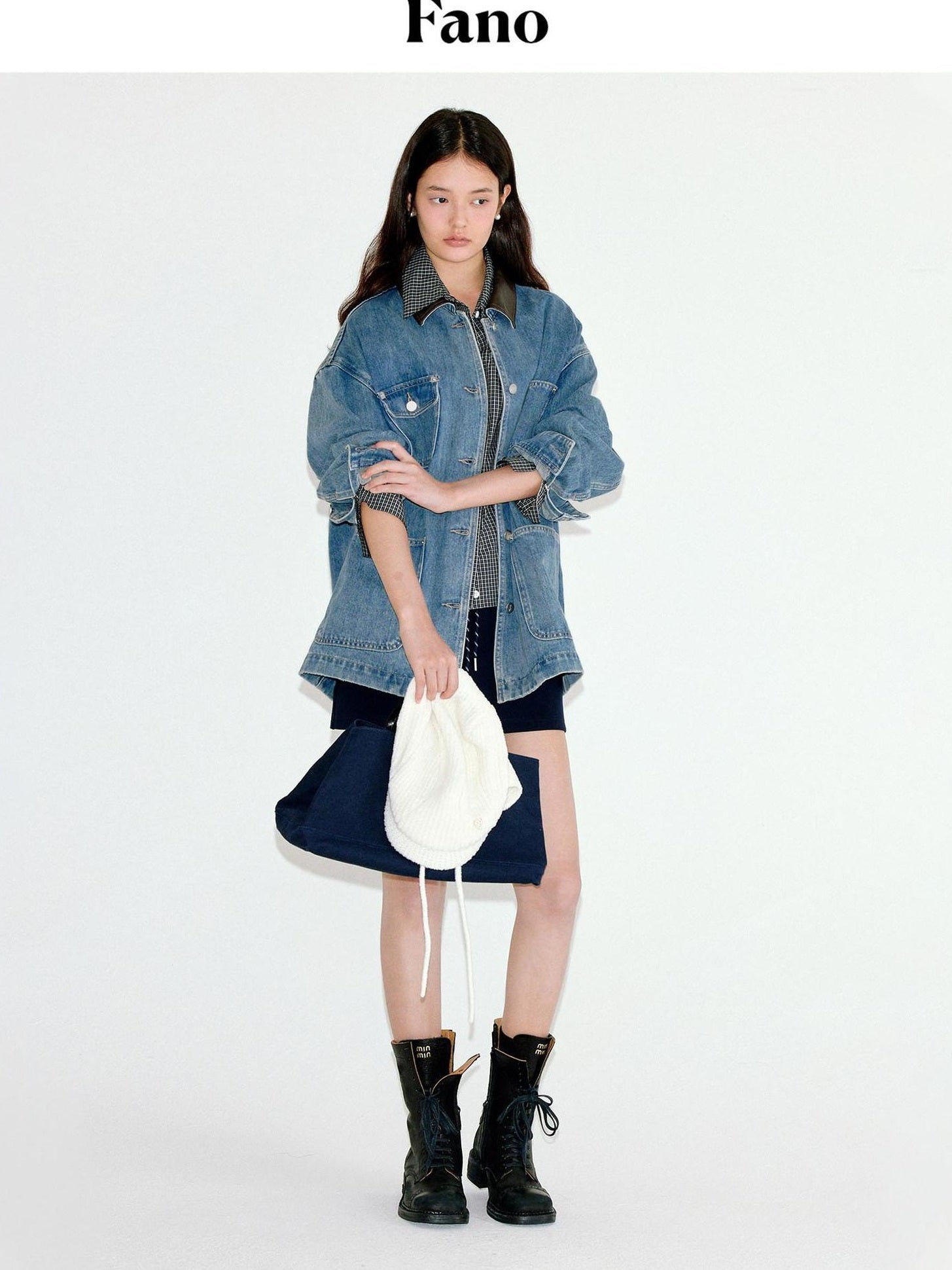 fano Patchwork Washed Blue Loose Fit Casual Cotton Women Button Front Denim Jackets