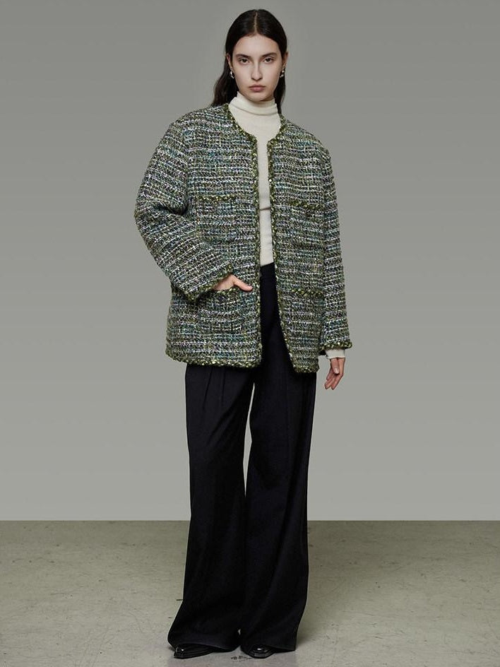 unspoken Lambswool Blend Structured Commuter Round Neck Relaxed Green Wool Coats