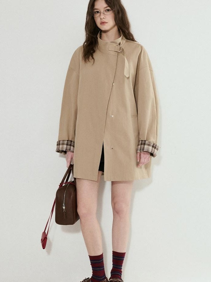 fano Khaki Loose Fit Single Breasted Mid Length Korean Casual Women Trench Coats