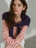Lofi choose Soft Knit Loose Fit Commuter Women Red White Striped Long Sleeve T-Shirts