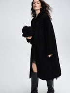 audreyyang Warm Thick Vintage Loose Fit Stand Collar Lambswool Trim Women Black Wool Coats