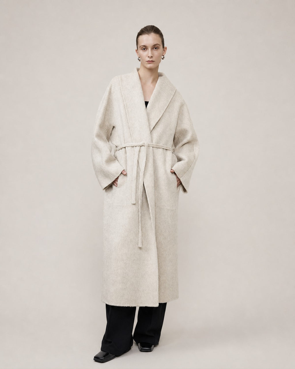 Gotodays Warm Wool Rabbit Silk Blend Tie Waist Straight Cut Minimal Commuter Long Coats