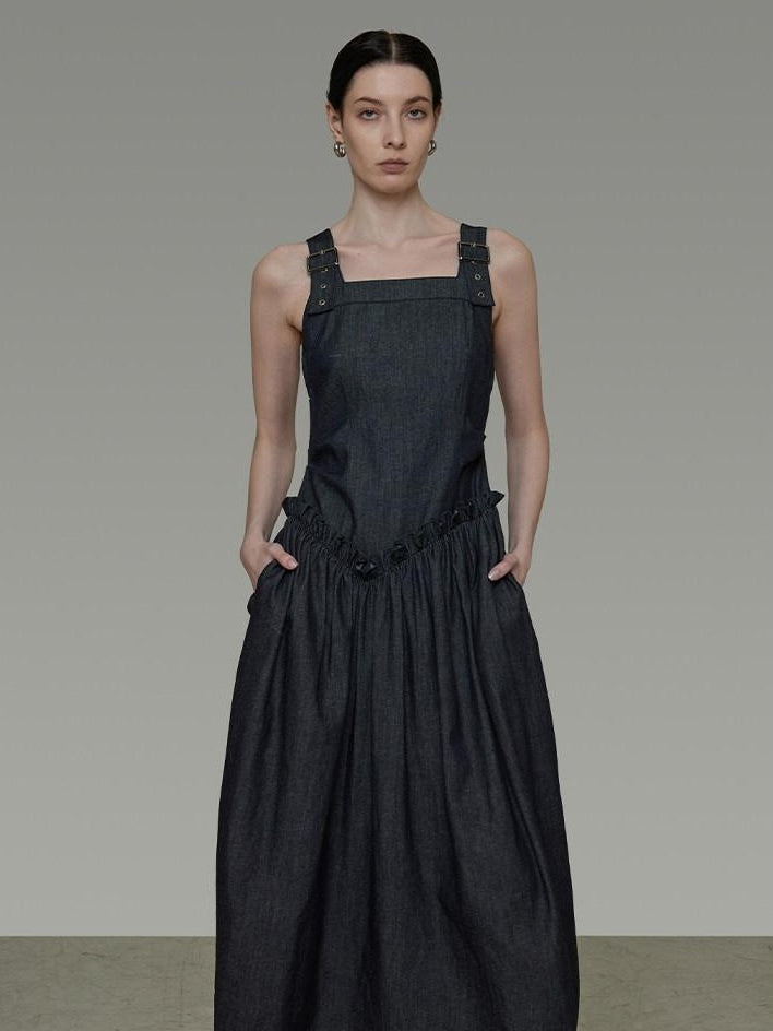 unspoken Minimalist Pleated Cinched Waist Cotton A Line Strap Dress Women Maxi Dresses