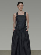unspoken Minimalist Pleated Cinched Waist Cotton A Line Strap Dress Women Maxi Dresses