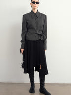 audreyyang Hand Pleated Lined Asymmetrical A Line Mid Waist Polyester Blend Midi Skirts