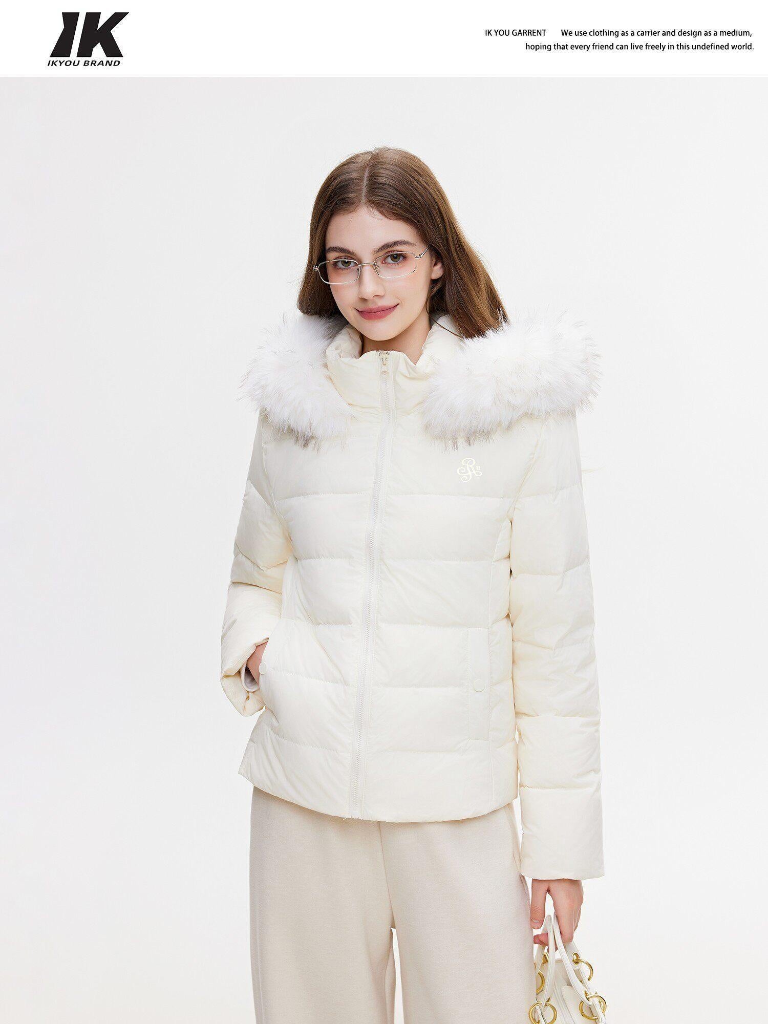ikyou 90% White Duck Down Warm Minimalist Slim Hooded Fur Collar Women Down Jackets