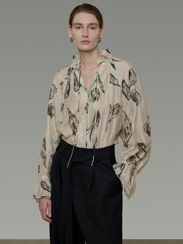 unspoken Breathable Soft Office Loose V-neck Embroidered Floral Viscose Blend Blouses