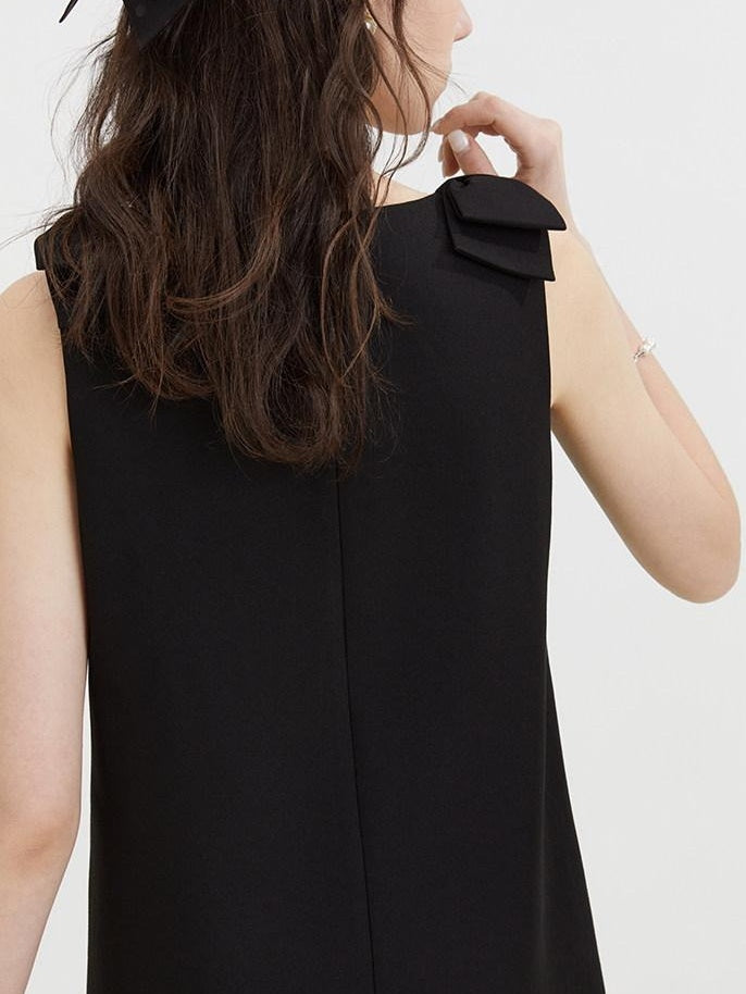 fano Minimal Bow High Waist A Line Sleeveless Round Neck Workwear Black Midi Dresses