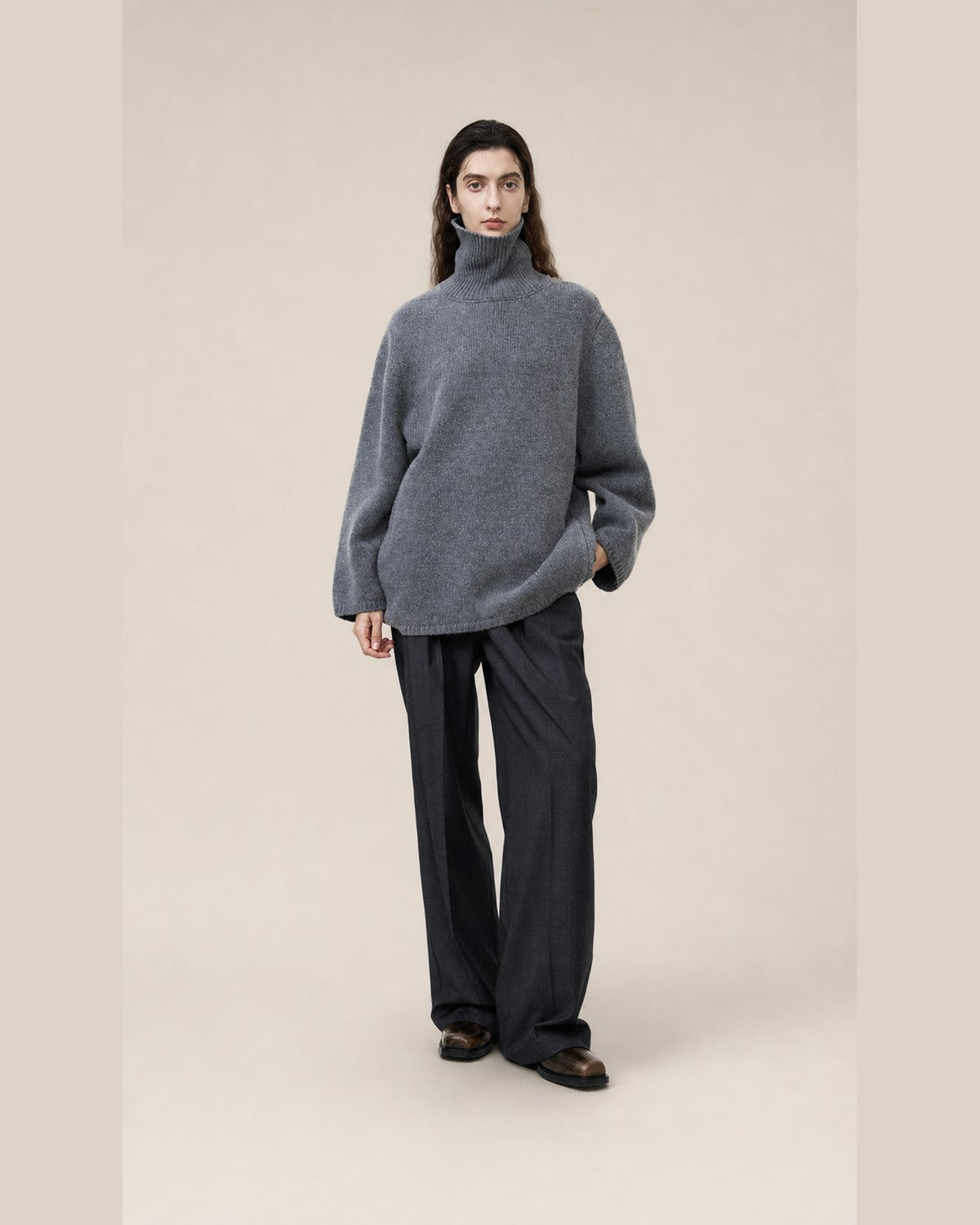 Gotodays Warm Wool Blend Loose Fit Turtleneck Knitted Pullover Office Casual Gray Sweaters
