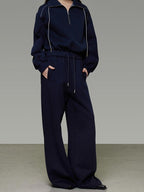 unspoken Breathable Soft Cotton Minimal Mid Rise Drawstring Navy Women Wide Leg Pants