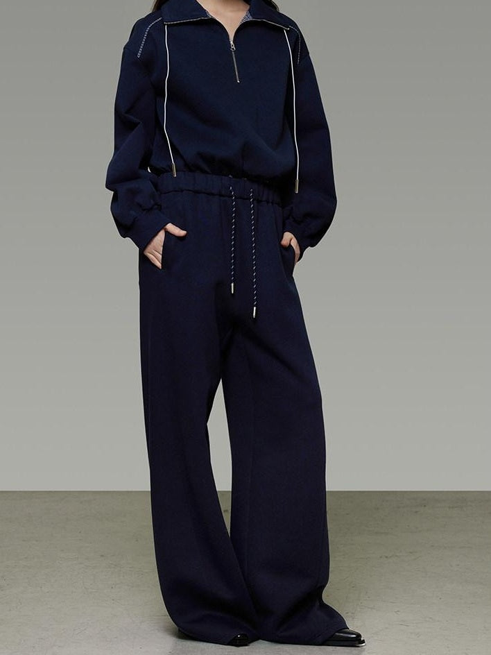 unspoken Breathable Soft Cotton Minimal Mid Rise Drawstring Navy Women Wide Leg Pants