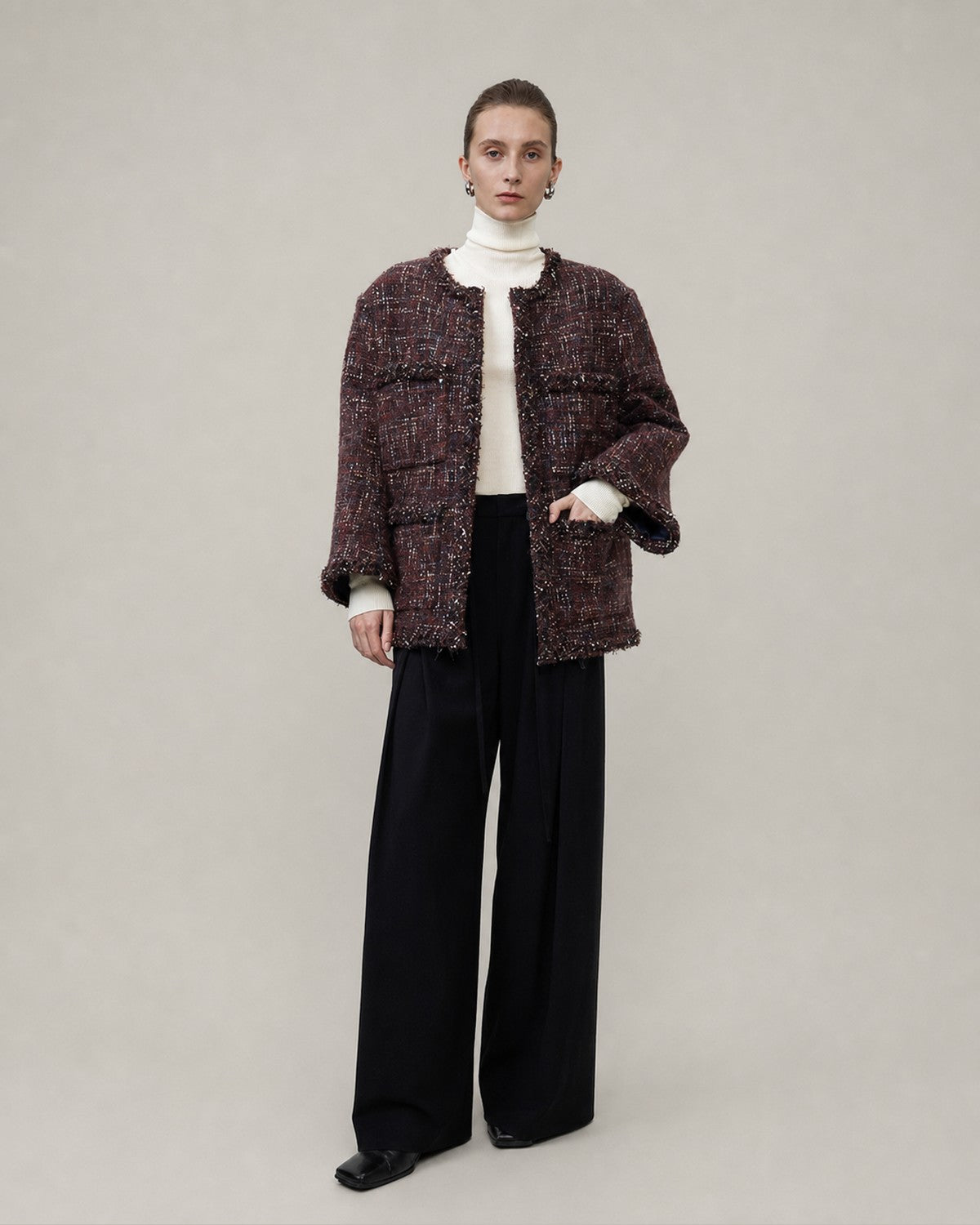 Gotodays Warm Wool Blend Button Front Round Neck Relaxed Fit Office Women Short Coat