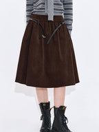 fano Lined High Waist Pleated Vintage A Line Cotton Brown Midi Skirts