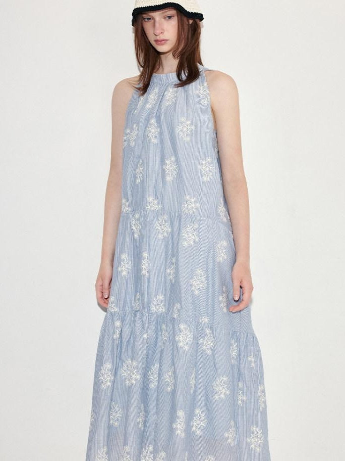 fano 100 Percent Cotton Sleeveless A Line Korean Commuter Women Blue Maxi Dresses