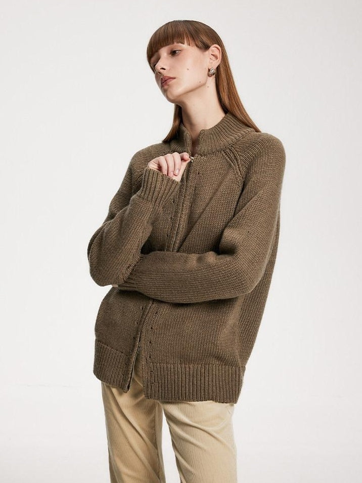 someone sometimes Acrylic Wool Blend Stand Collar Open Front Commuter Knit Brown Cardigans