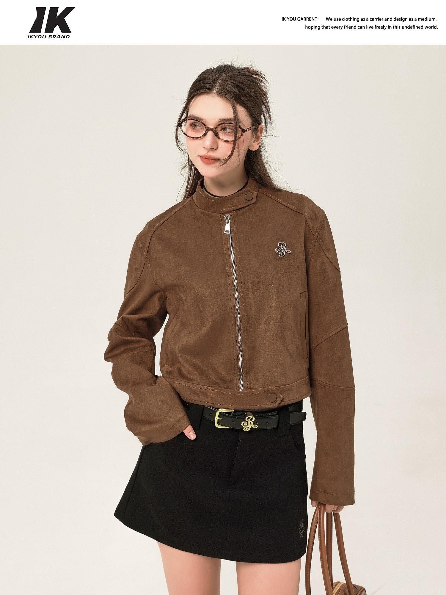 ikyou Resin Colorfast Vintage Boxy 3D Decor Zip Stand Collar Brown Cropped Jackets