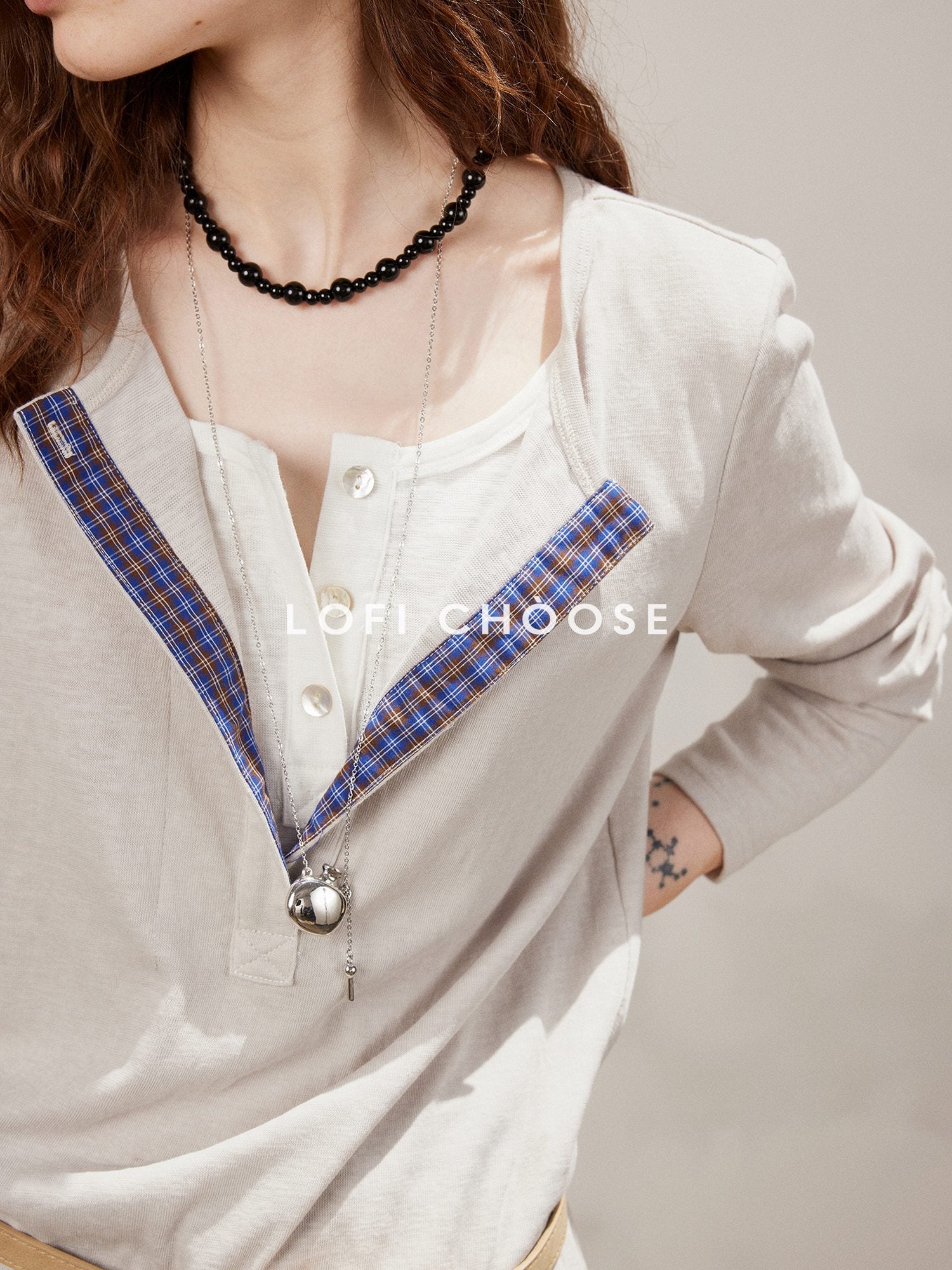 Lofi choose Cotton Blend Button Collar Loose Commuter Womens Purple Long Sleeve T-Shirts