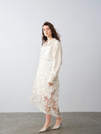 audreyyang Shimmering Sequin Lace Asymmetrical Mid Rise Tie Waist Women White Midi Skirts
