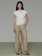 unspoken High Waist Pleated Elastic Workwear Khaki Viscose Wide Leg Pants