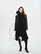 audreyyang Soft Lambskin Vintage Loose Fit Collarless Black Woven Women Leather Jackets