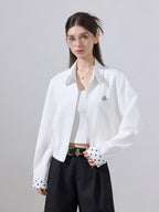 ikyou Ultra Light Lyocell Cotton Casual Stand Collar Short Zip White Cropped Jackets