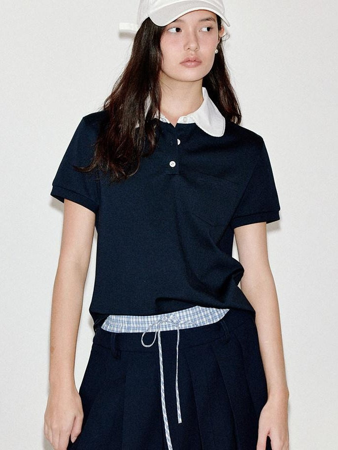 fano Patchwork Slim Korean Henley Neck Cross Navy Short Sleeve T-Shirts