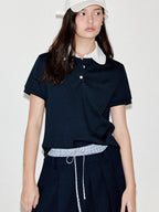 fano Patchwork Slim Korean Henley Neck Cross Navy Short Sleeve T-Shirts