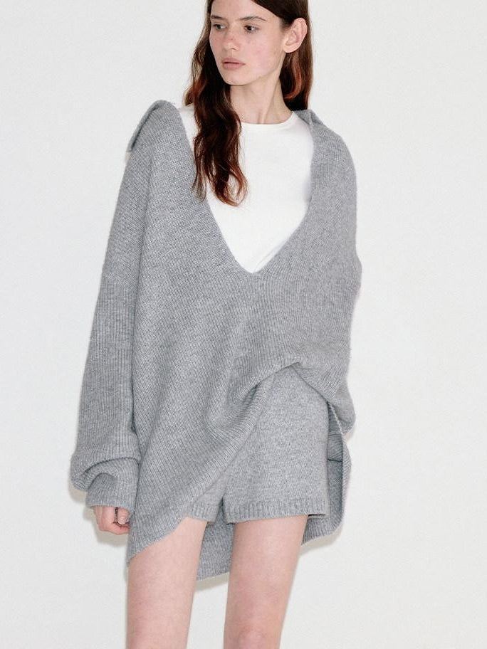 fano Light Heather Gray V-neck Knit Loose Casual Women Top & Shorts Sets