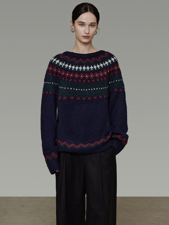 unspoken Warm Jacquard Colorblock Loose Commuter Crewneck Women Acrylic Blend Sweaters