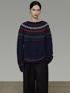 unspoken Warm Jacquard Colorblock Loose Commuter Crewneck Women Acrylic Blend Sweaters